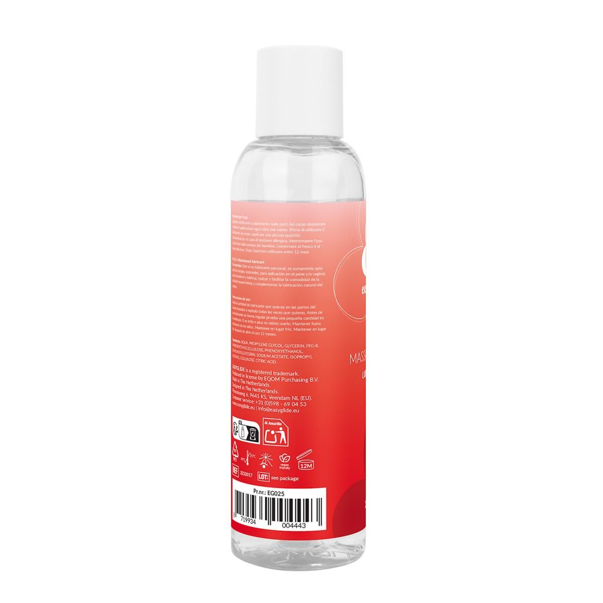 Rückseite der EasyGlide 2 in 1 Massage Gleitmittel Flasche mit Produktinformationen und Symbolen.