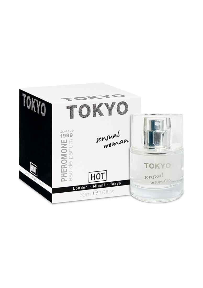 Parfumflasche und Verpackung. Aufschrift: TOKYO, sensual woman. Schwarze und weiße Verpackung. 30ml.