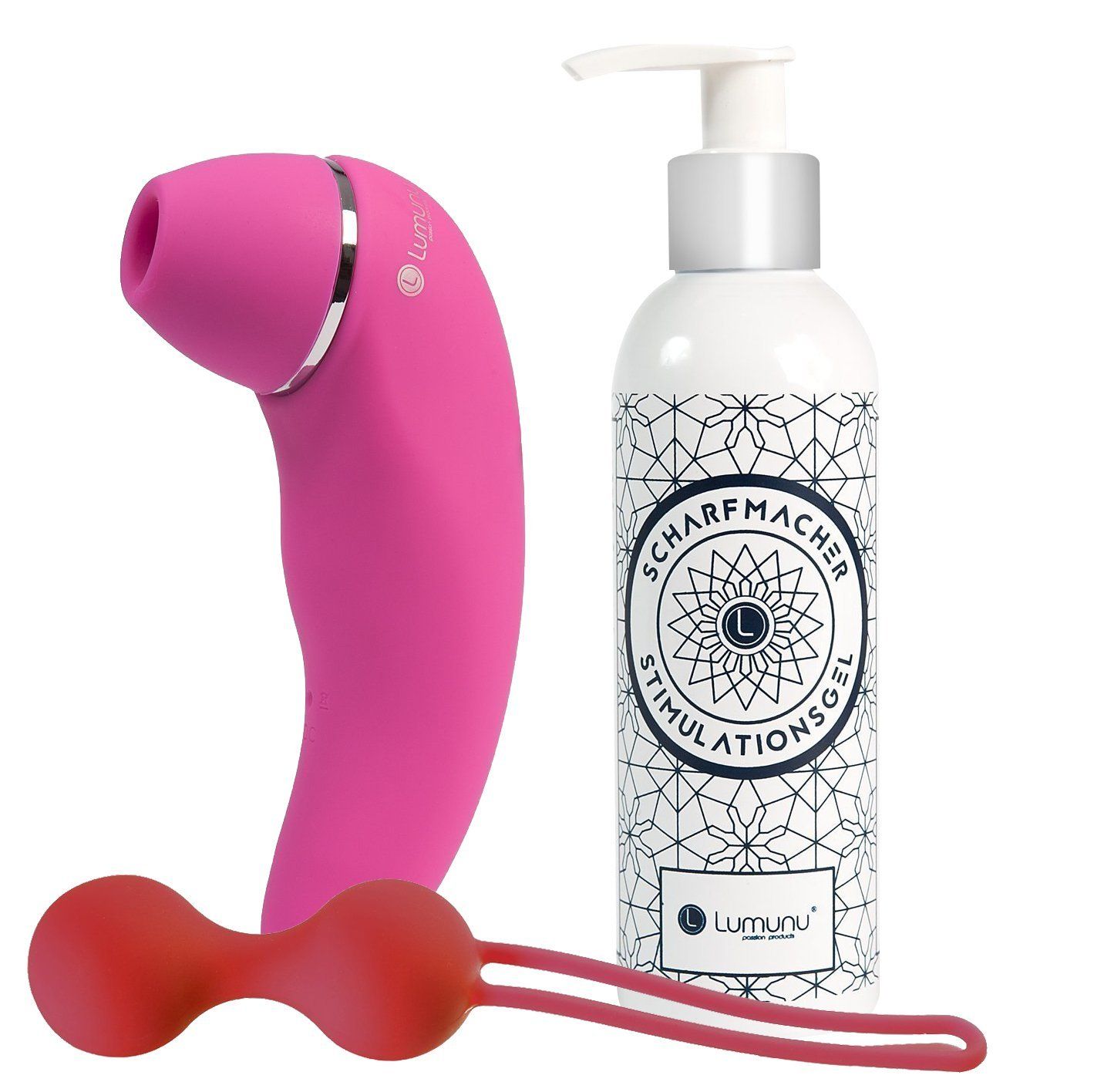Pinkfarbener Vibrator, rotes Beckenbodentraining-Set und Flasche mit weißem Etikett. Aufschrift: Scharfmacher Stimulationsgel. Marke: Lumunu.