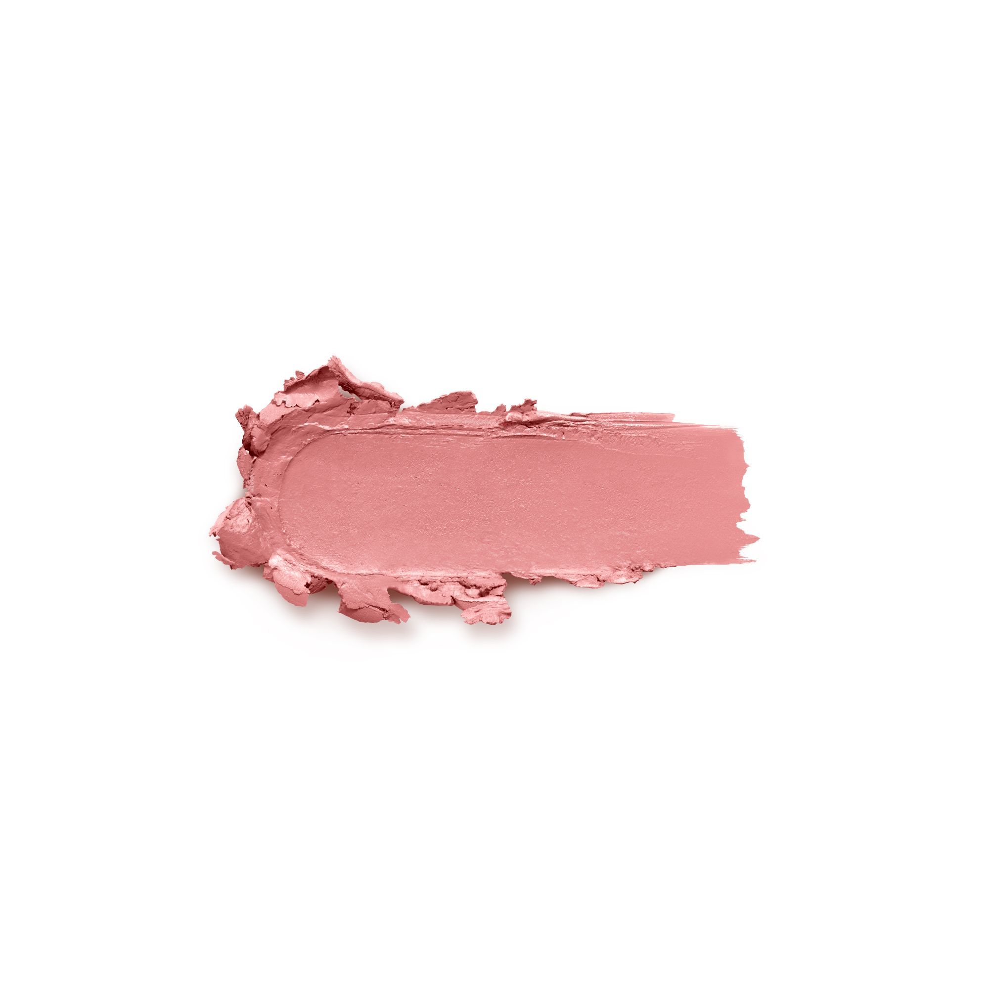 Rosa Lippenstift-Abstrich auf weißem Hintergrund. Die Textur ist cremig und uneben.
