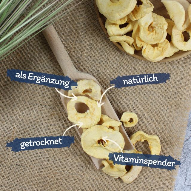 Getrocknete Apfelringe auf einem Holzlöffel. Text: 'als Ergänzung', 'natürlich', 'getrocknet', 'Vitaminspender'.