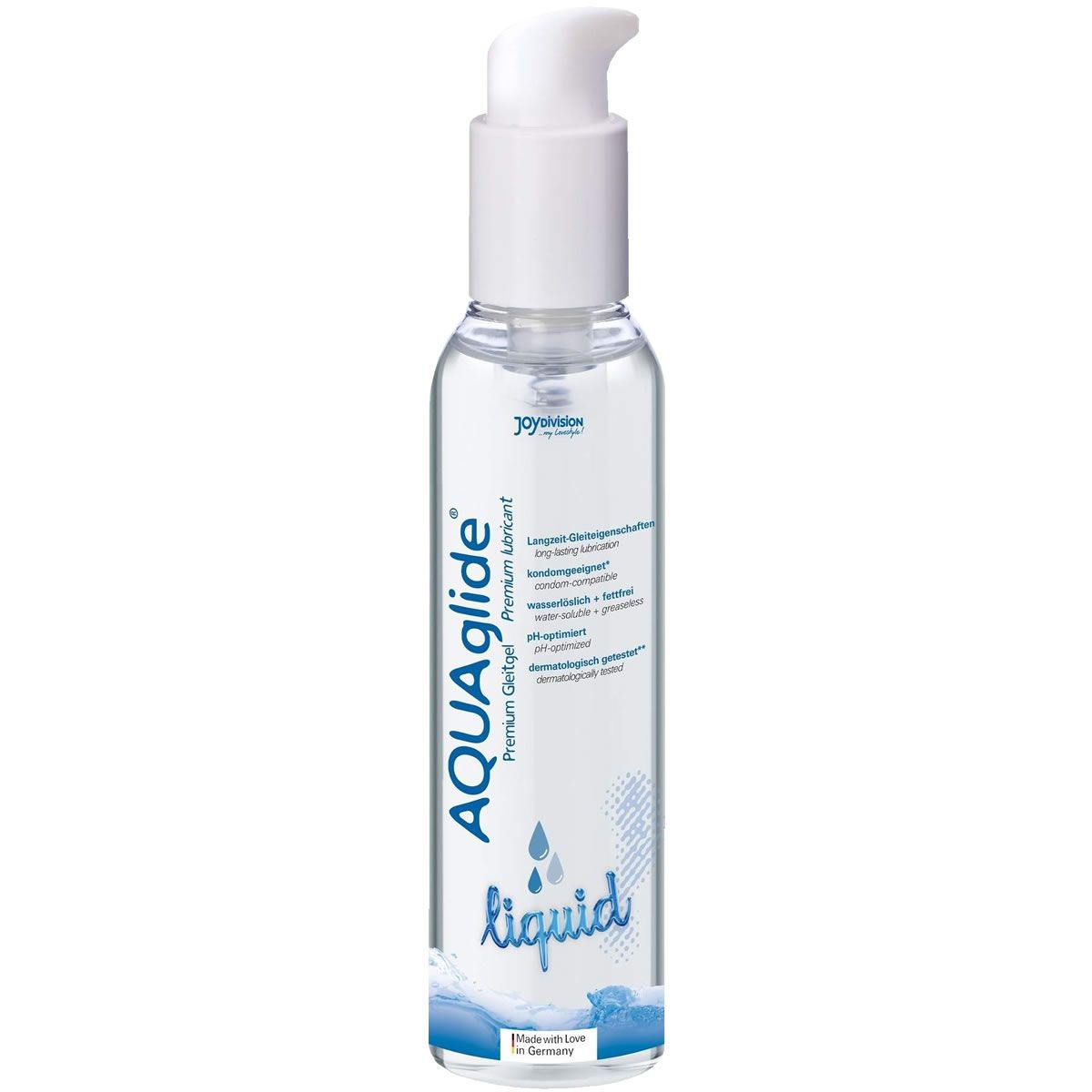 Transparente Flasche mit weißem Pumpkopf. Aufschrift AQUAglide Liquid. Produktname und Logo Joydivision.