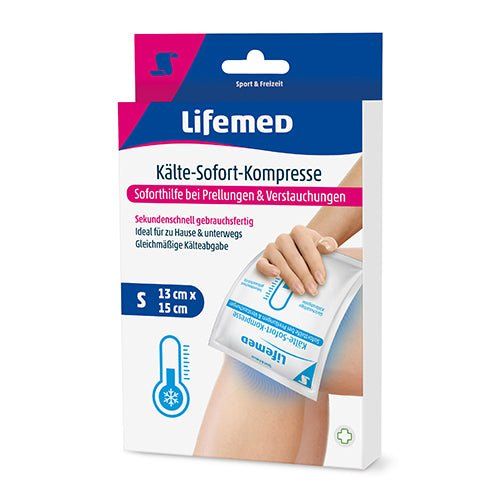 Verpackung mit Kälte-Sofort-Kompresse. Größe S, 13 cm x 15 cm. Marke Lifemed. Hilft bei Prellungen und Verstauchungen.