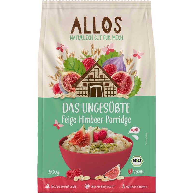 Verpackung von Allos Ungesüßte Feige-Himbeer-Porridge. Abbildung von Feigen, Himbeeren und Porridge. Bio- und Vegan-Siegel.