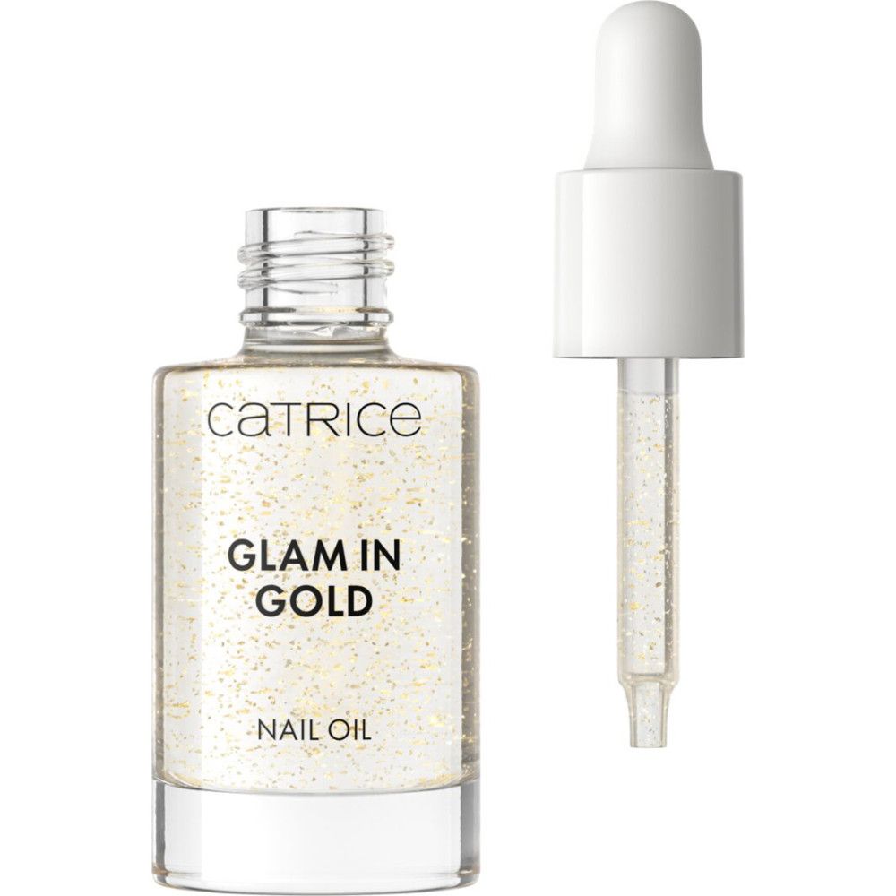Catrice Glam in Gold Nagelöl Flasche und Pipetten-Applikator. Klare Flüssigkeit mit goldenen Glitzerpartikeln.