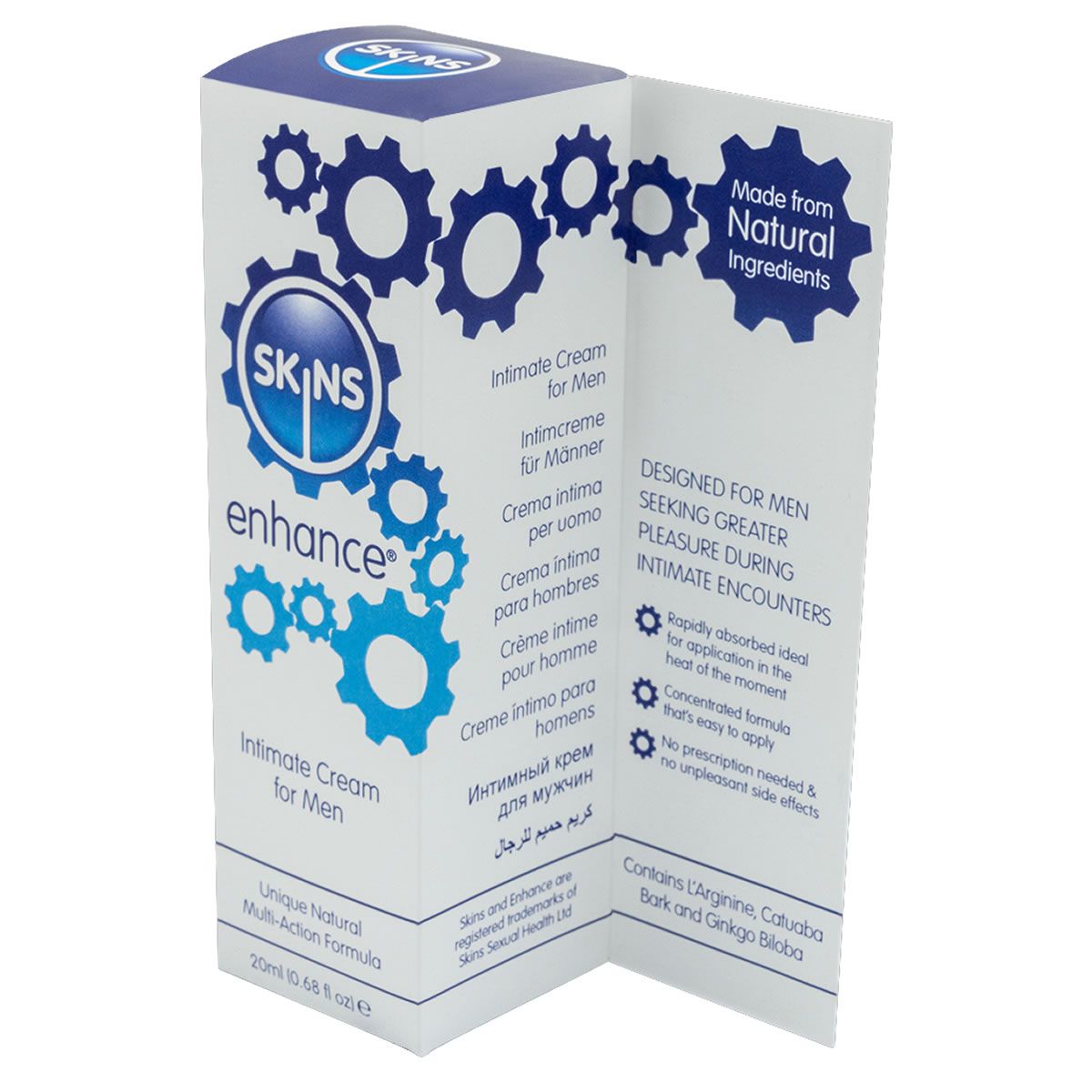 Verpackung von Skins Enhance Crème intime für Männer. Weiß und blau, mit Produktnamen und Text in mehreren Sprachen.