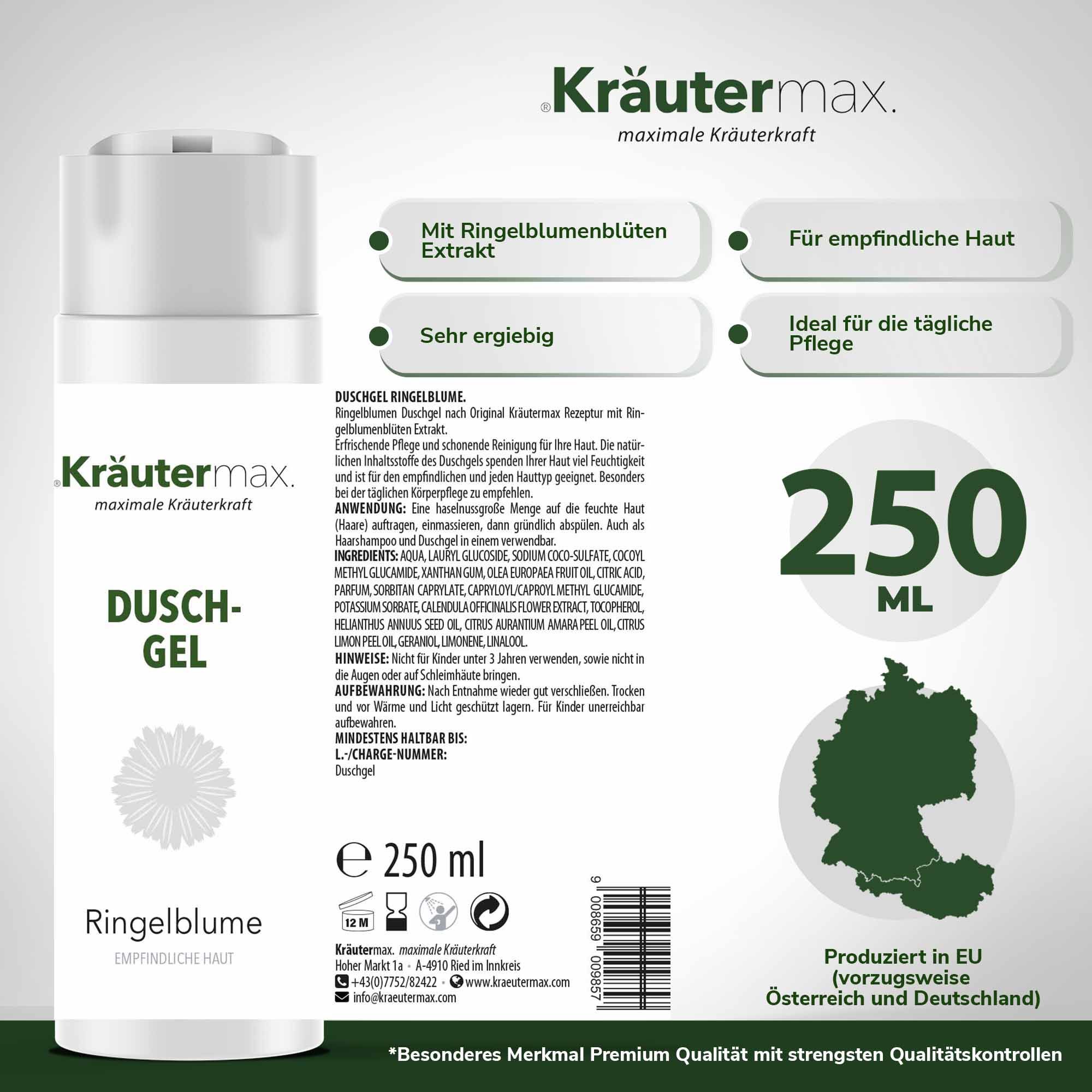 Weißes Duschgel mit Ringelblume-Aufdruck. Text: Kräutermax, Dusch-Gel, Ringelblume, 250 ml, Inhaltsstoffe, EU-Produktion, Haltbarkeit.