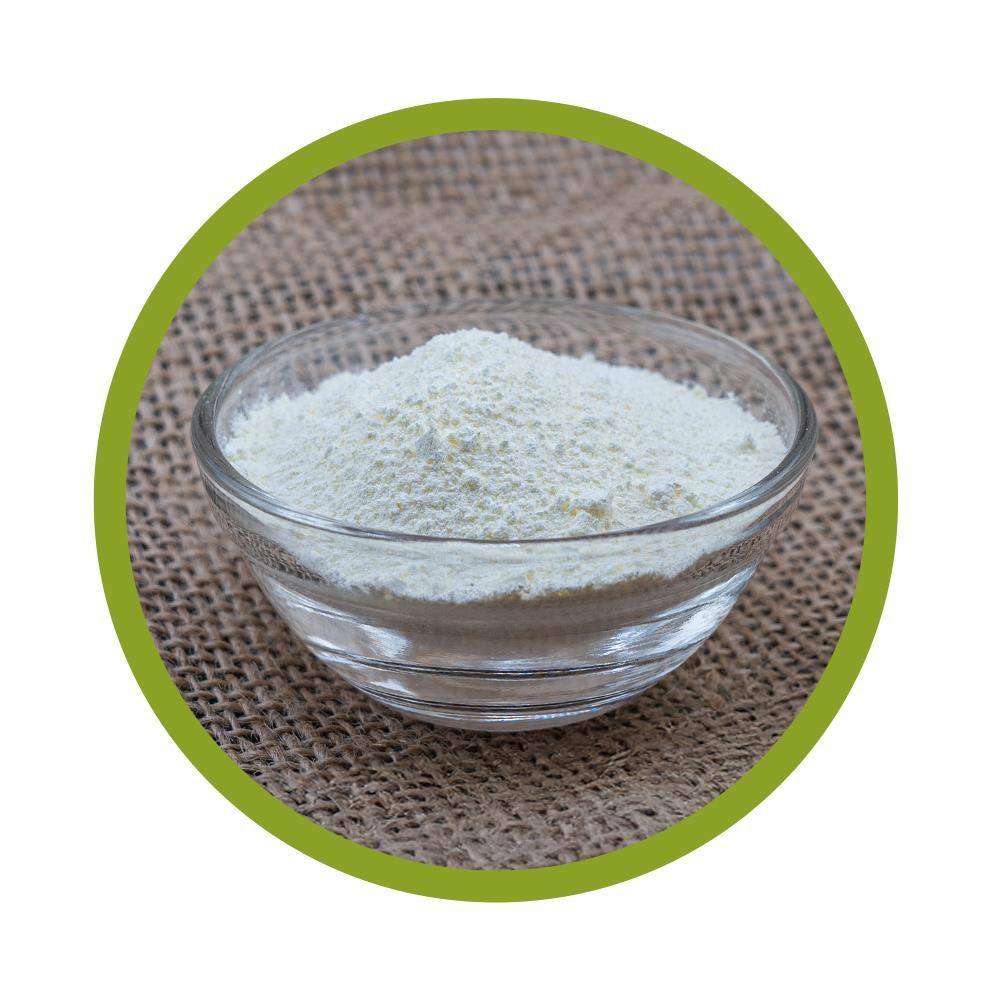 Rundes Glasgefäß mit weißem Pulver. Auf grobem, braunen Untergrund. Grüner Kreis um das Glas.