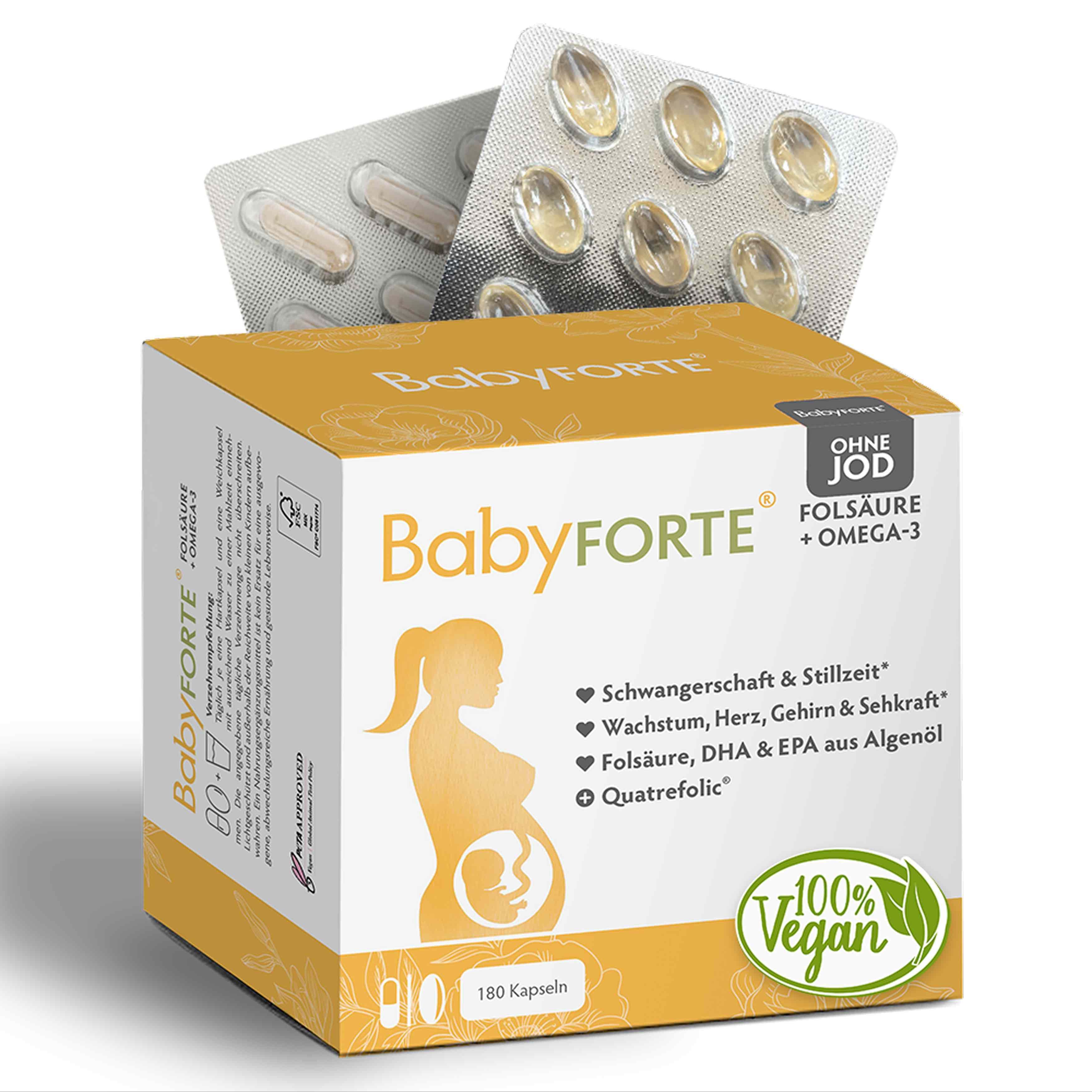 Produktverpackung BabyFORTE® Folsäure + Omega-3 OHNE JOD, 180 Kapseln, 100% vegan. Text: Schwangerschaft & Stillzeit, Wachstum, Herz, Gehirn, Sehkraft.