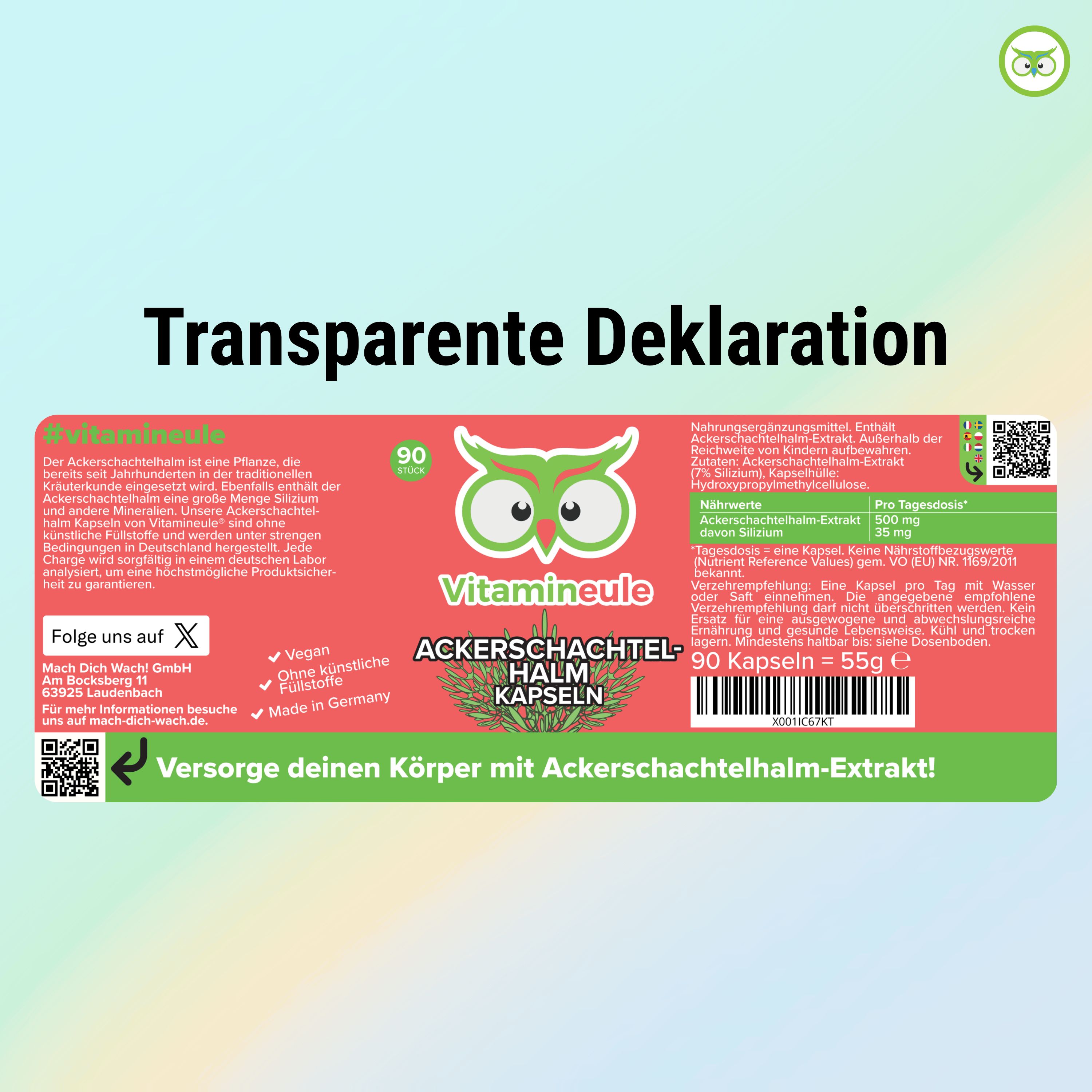 Etikett mit Text: Vitamineule, Ackerschachtelhalm Kapseln. 90 Kapseln, 55g. Inhaltsstoffe, Anwendungshinweise, QR-Code.