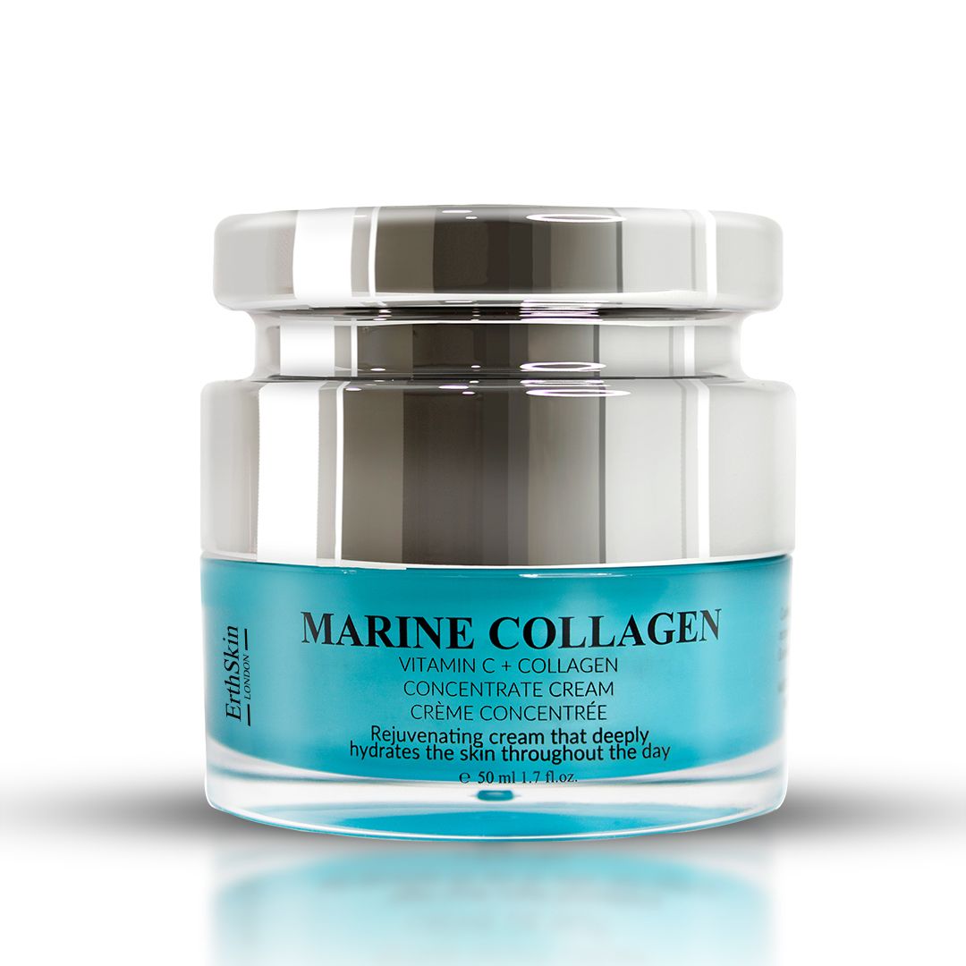 Creme-Glas mit silbernem Deckel. Aufschrift: Marine Collagen, Vitamin C + Collagen, Konzentratcreme. Türkisgrüne Creme sichtbar.