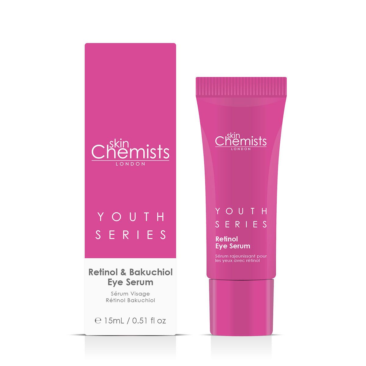 Rosa Tube und Schachtel mit weißem Schriftzug skinChemists, Youth Series, Retinol & Bakuchiol Eye Serum. Auf weißem Hintergrund.