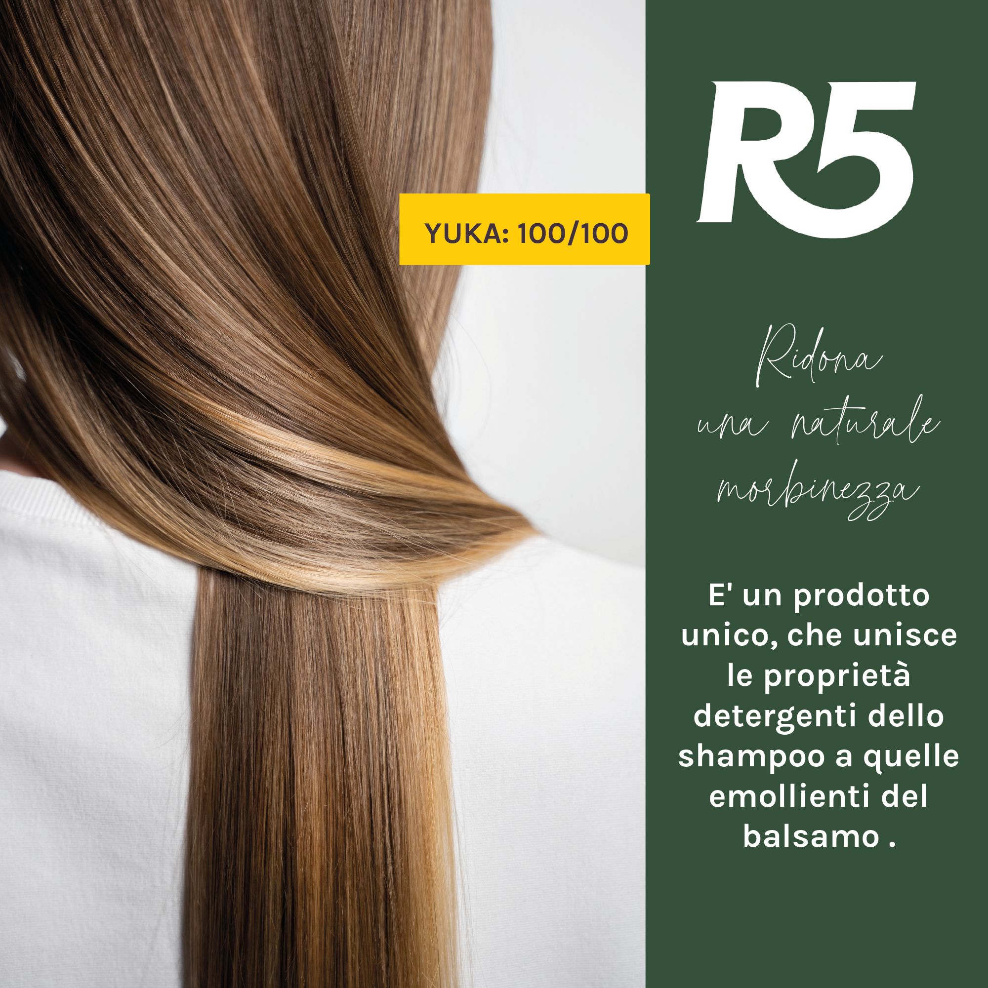 R5 Shampoo 2-in-1 für natürliche Geschmeidigkeit. Kombiniert Shampoo- und Balsam-Eigenschaften. YUKA: 100/100.