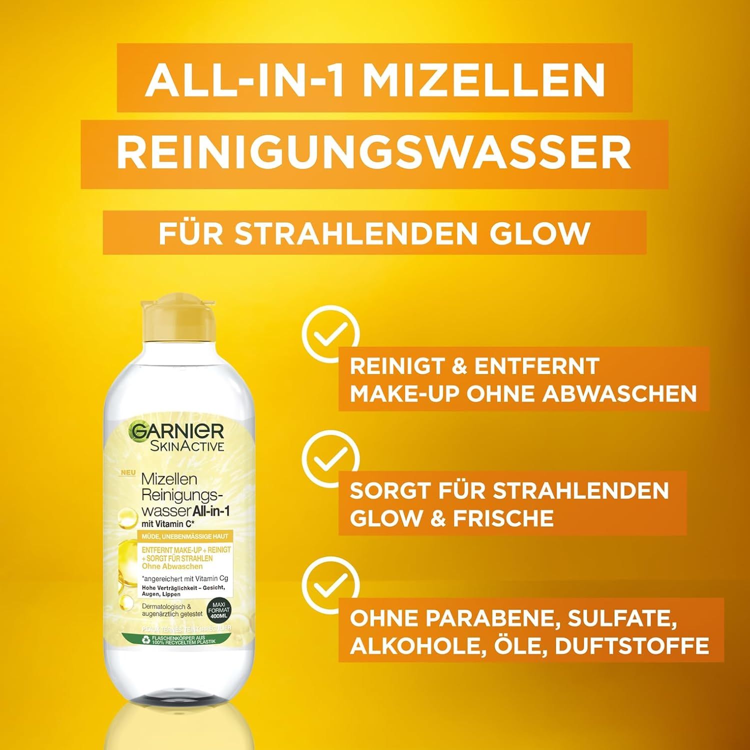 Garnier SkinActive Mizellen Reinigungswasser. Transparente Flasche mit gelbem Deckel. Text: 'All-in-1'.