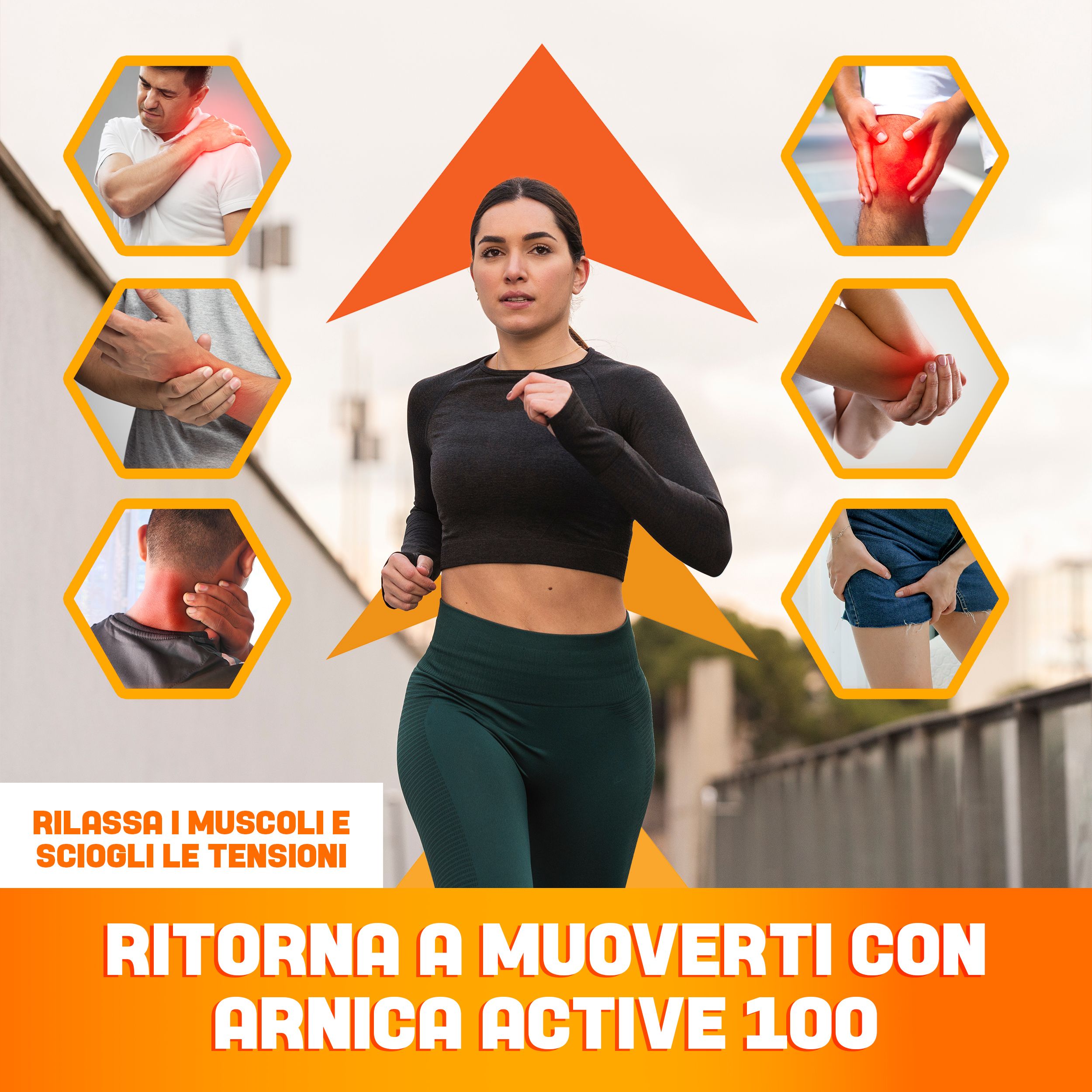 Läuferin vor orangefarbenem Hintergrund. Text: RILASSA I MUSCOLI E SCIOGLI LE TENSIONI. RITORNA A MUOVERTI CON ARNICA ACTIVE 100.