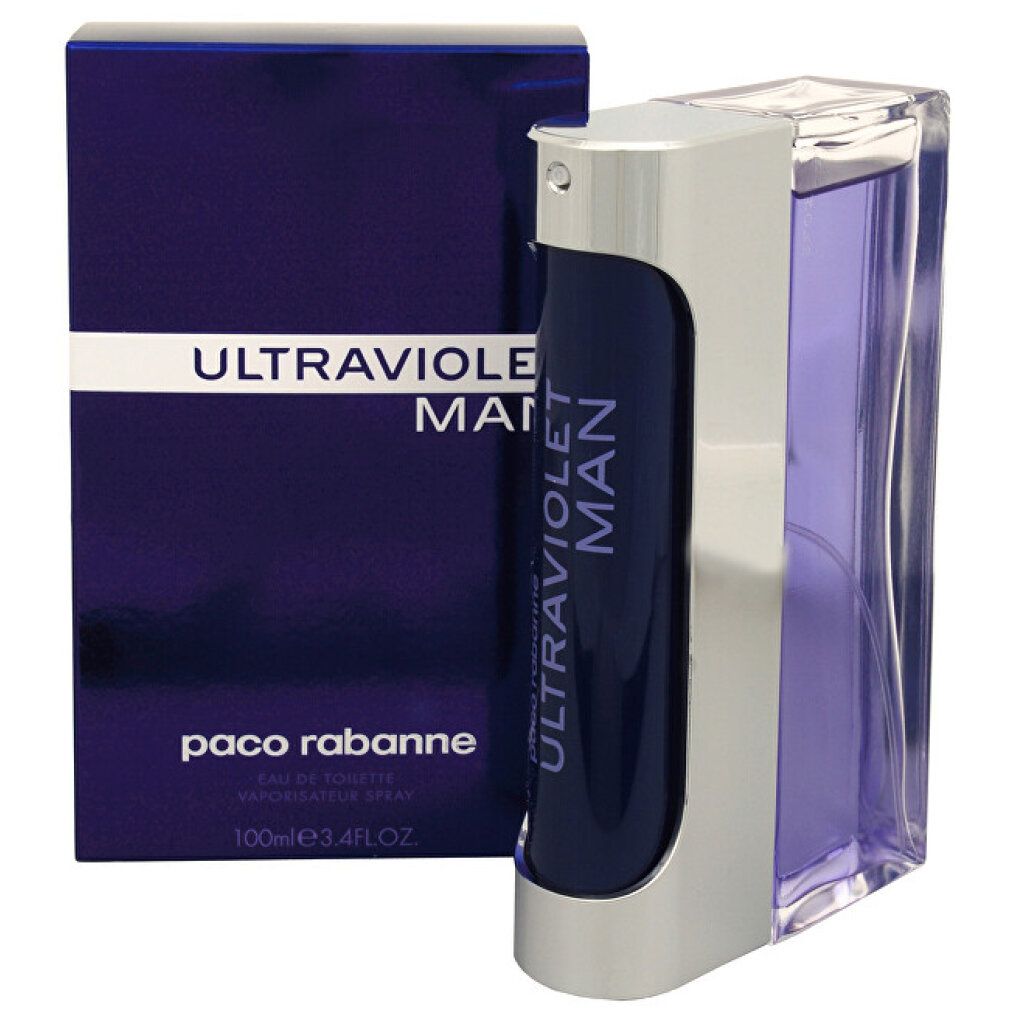 Violette Schachtel und Flakon. 'ULTRAVIOLET MAN' auf der Schachtel. Flakon mit silbernem Verschluss.