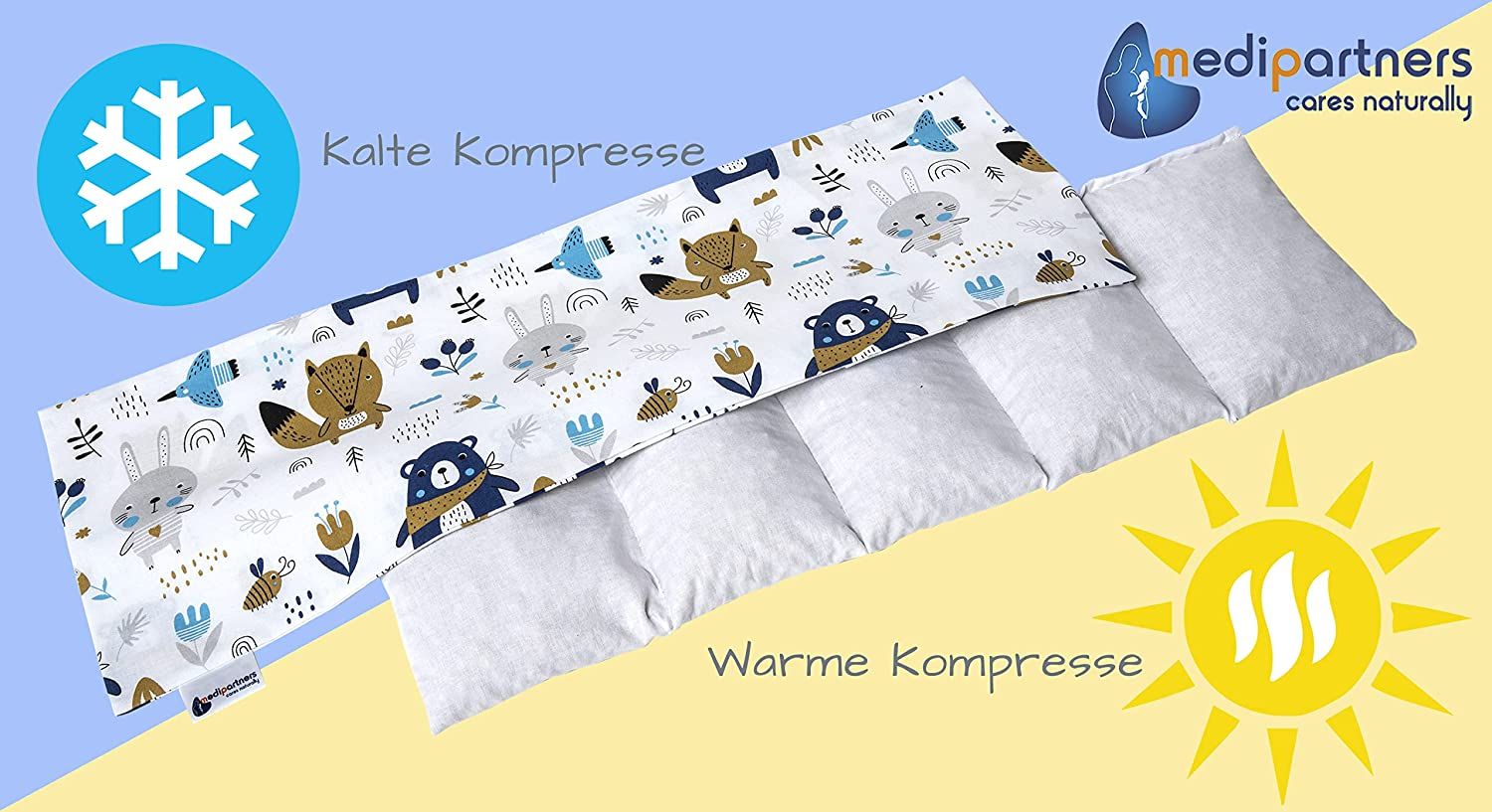 Kissen mit Tiermuster. Warme und kalte Kompresse. Logo: medipartners cares naturally.
