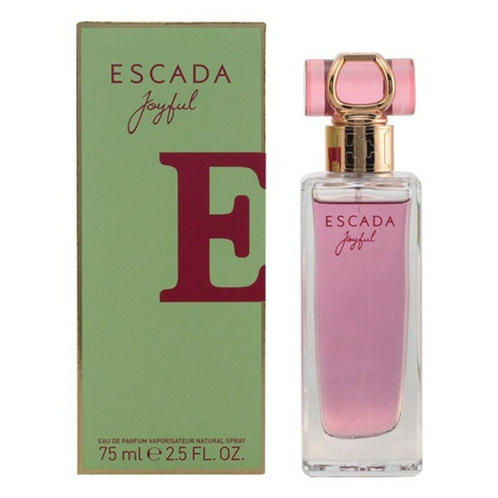 Escada Joyful Eau de Parfum Spray. Flakon und Verpackung. Hellgrüne Schachtel mit pinkfarbenem Schriftzug und Flakon.