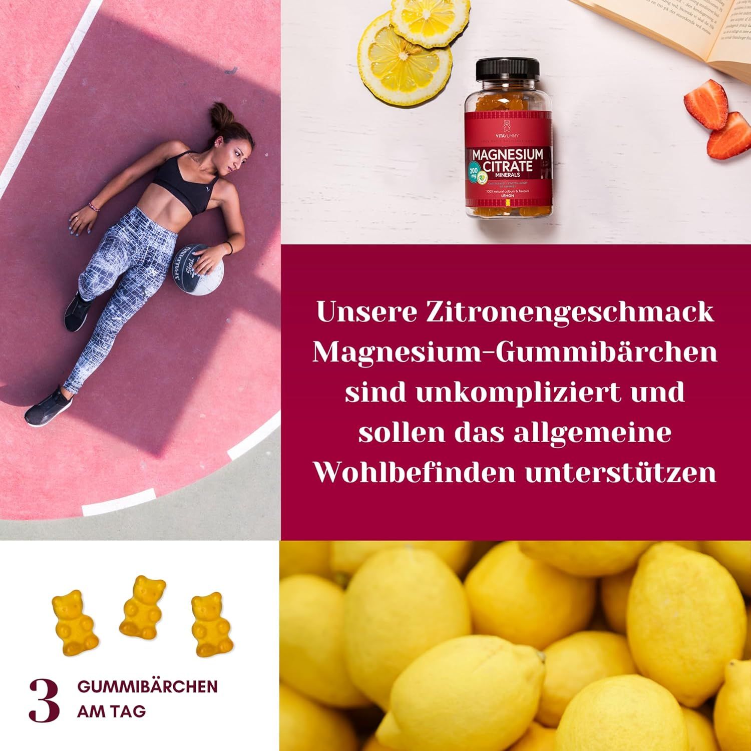 Zusammensetzung: Frau auf Sportplatz, Flasche Magnesium Citrat, Zitronen, Gummibärchen. Text über Gummibärchen.
