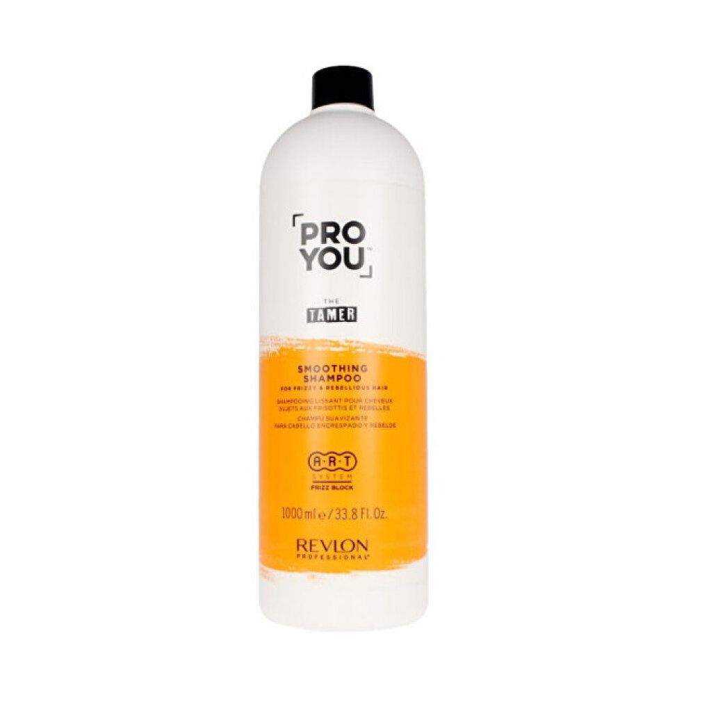 Große weiße Flasche mit schwarzem Deckel. Aufschrift: PRO YOU THE TAMER, Smoothing Shampoo. Orangefarbener Streifen. Revlon Professional.