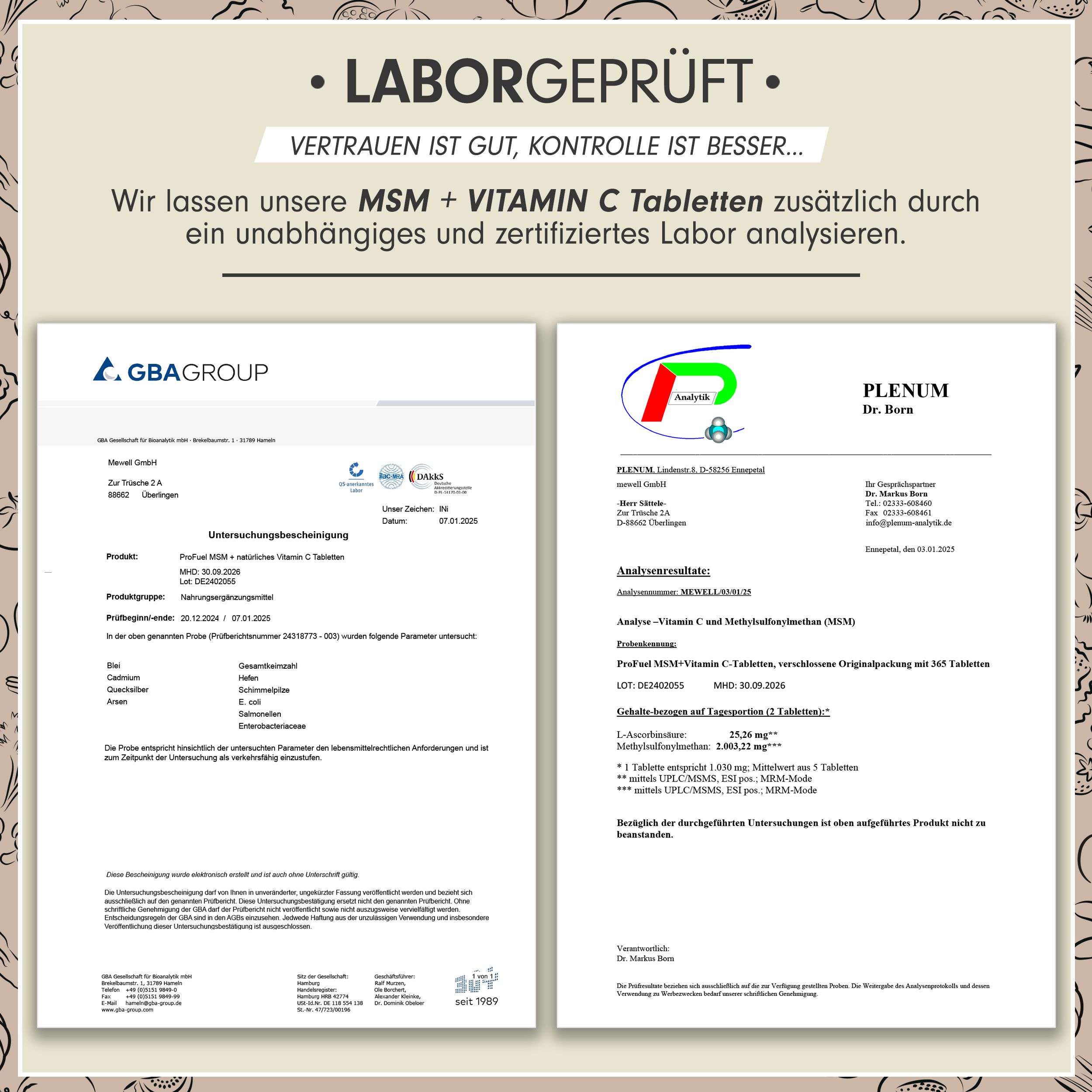 Zwei Laborzertifikate. Analyse von MSM + Vitamin C Tabletten. Informationen zu Inhaltsstoffen und Qualität.