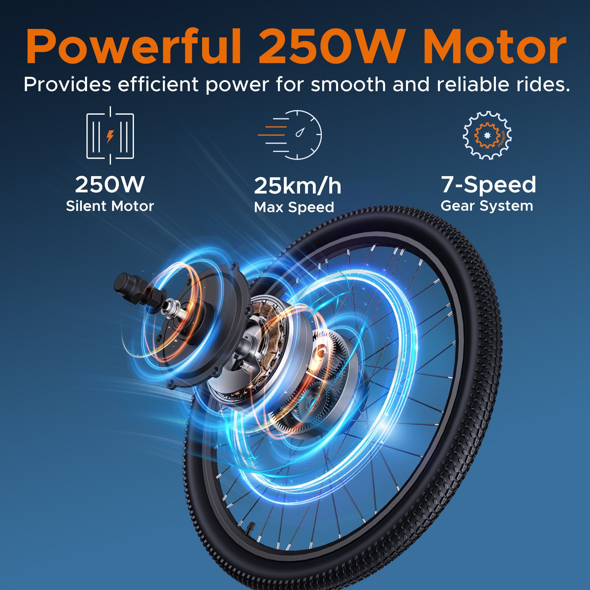 Grafik: 250W Motor, 25km/h Max. Geschwindigkeit, 7-Gang-Getriebe. E-Bike-Rad mit Motor und Zahnrädern. Blaue Designelemente.