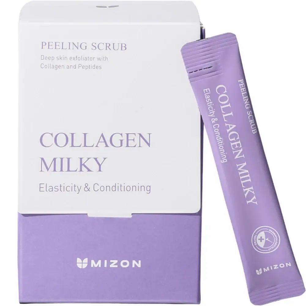 Weiße Verpackung mit lila Akzenten und einem Beutel. Aufschrift: PEELING SCRUB, COLLAGEN MILKY, MIZON.