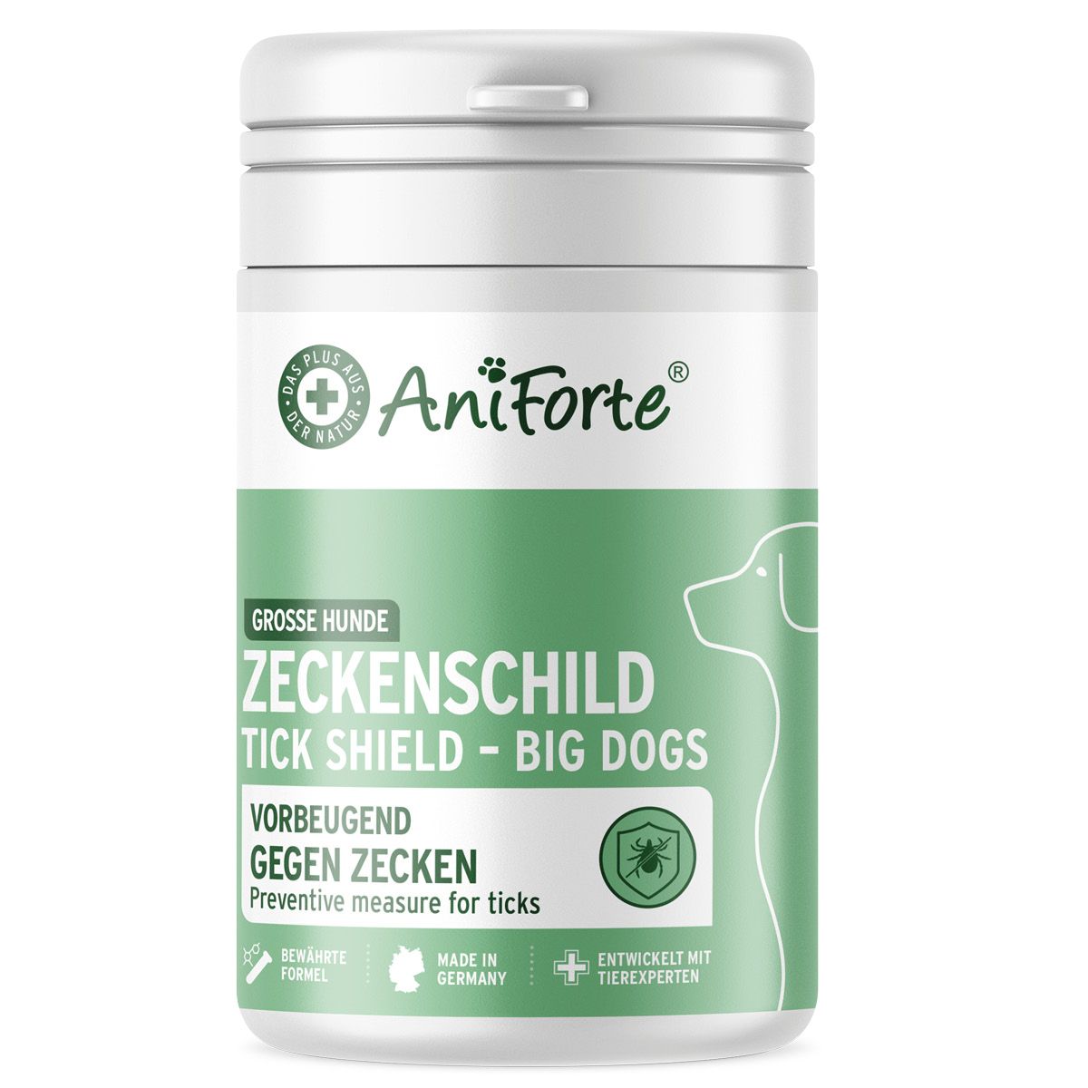 Weiße Dose mit grünem Etikett. Text: AniForte Zeckenschild, für große Hunde. Logo: Hund, Zecke. Hergestellt in Deutschland.