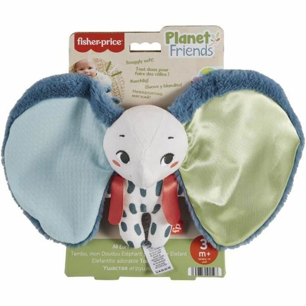 Verpackung mit Stofftier-Elefant. Der Elefant hat große Ohren und ein gepunktetes Muster.