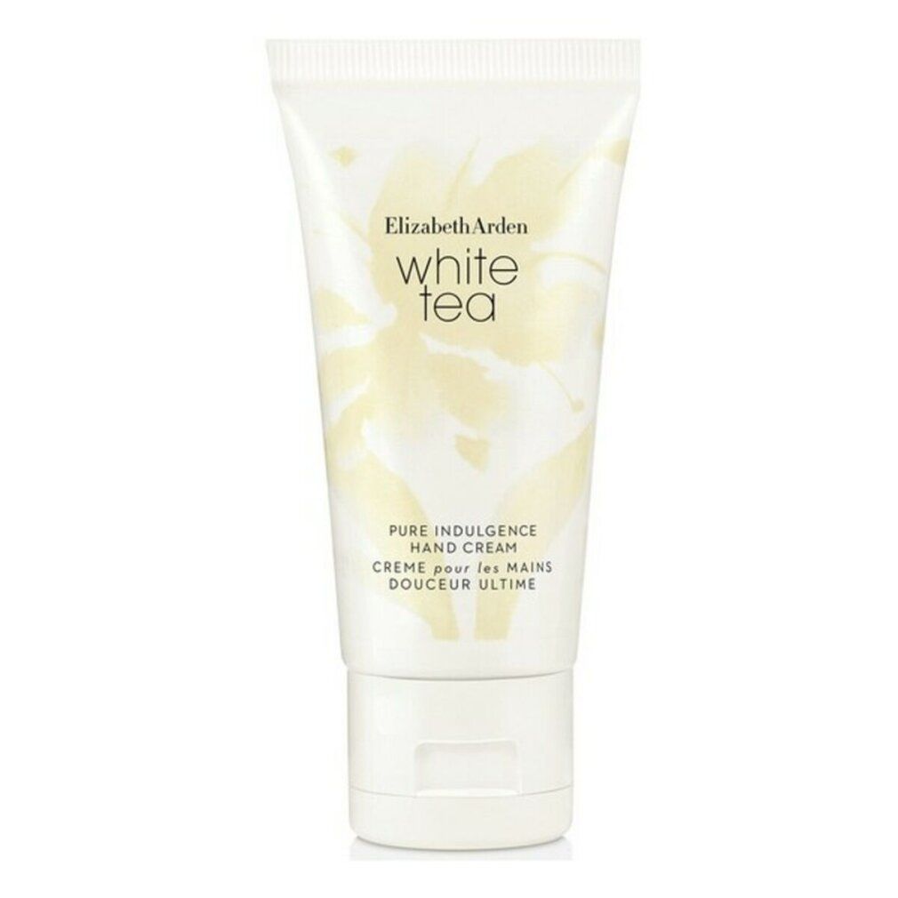 Weiße Tube Handcreme. Aufschrift: Elizabeth Arden White Tea, Pure Indulgence Hand Cream. Nettoinhalt: 1oz 28g 30ml.
