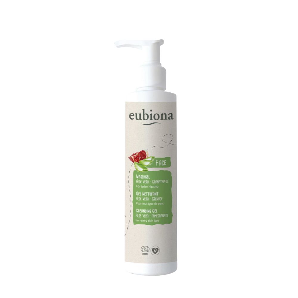 Weißer Spender mit Pumpe. Aufschrift "eubiona". Grün-weiße Etikett mit Text und Abbildungen von Aloe Vera und Granatapfel.