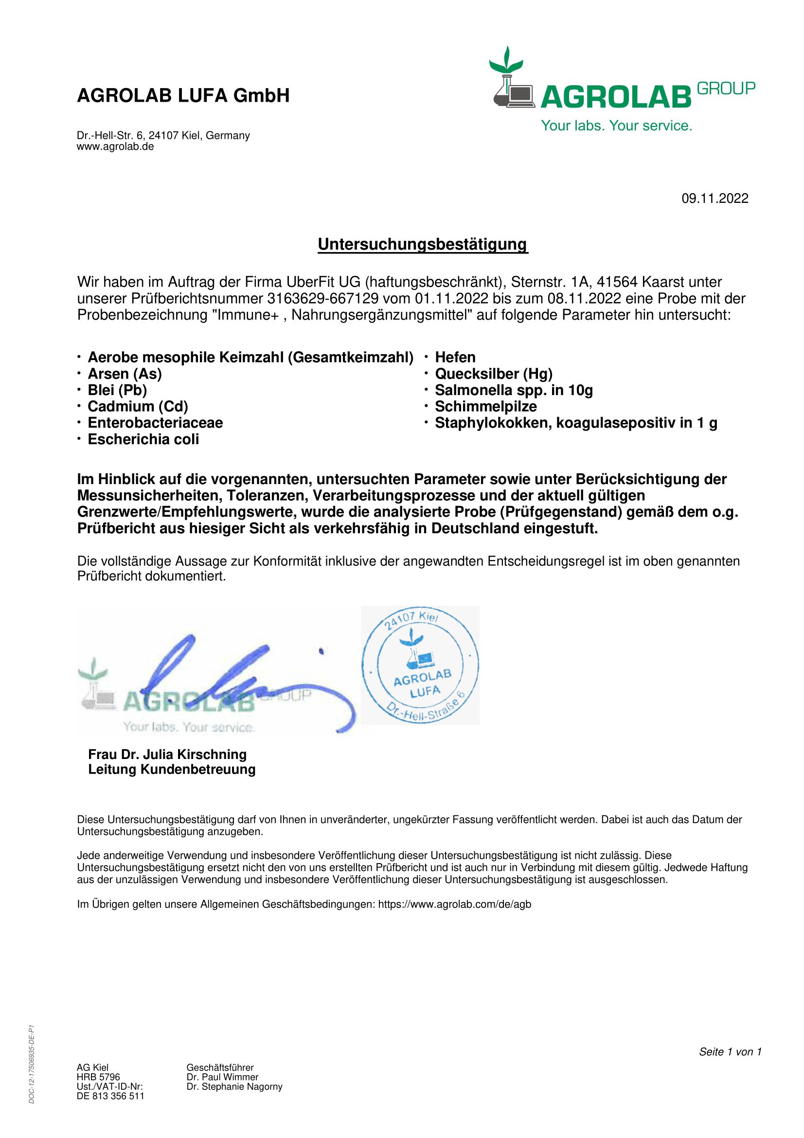 AGROLAB LUFA GmbH-Zertifizierungsdokument. Untersucht: UberFit IMMUNE+. Parameter: Aerobe Keimzahl, Arsen, Blei, Cadmium, etc.