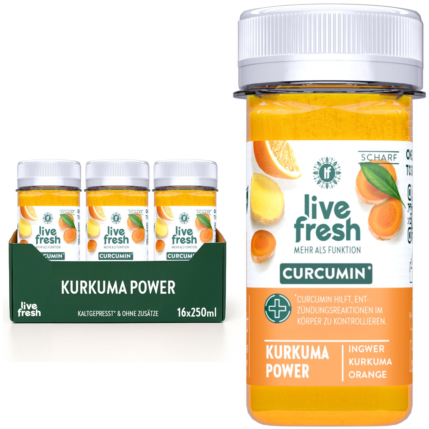 Mehrere Flaschen mit gelbem Inhalt. Aufschrift: Kurkuma Power, Ingwer, Orange. Einzelne Flasche mit Deckel, daneben 3 Flaschen in Kartonverpackung.