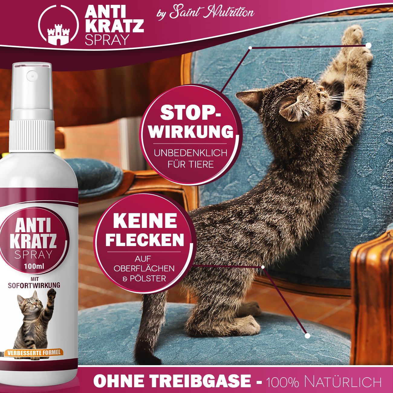 Produktflasche neben Katze, die sich an einem Stuhl kratzt. Text: ANTI KRATZ SPRAY, keine Flecken, ohne Treibgase, unbedenklich für Tiere.