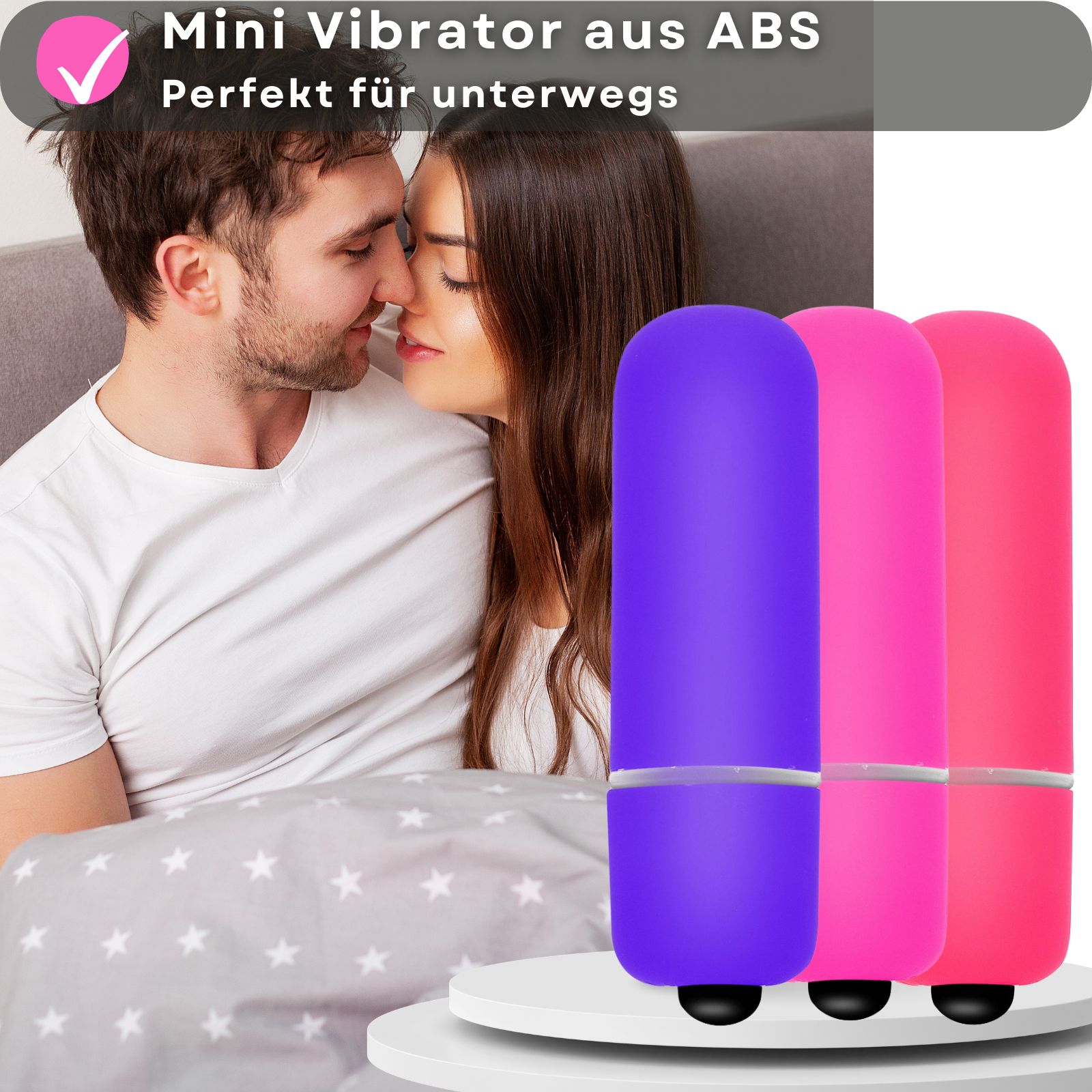 Produktabbildung mit Text. Mini-Vibrator mit ABS. Perfekt für unterwegs!