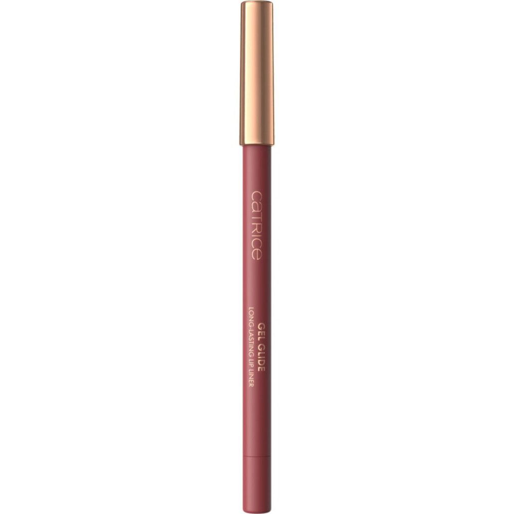 Catrice Gel Glide Lippenkonturenstift. Rosa-farbener Stift mit goldfarbener Kappe. Produktname und Marke sind sichtbar.