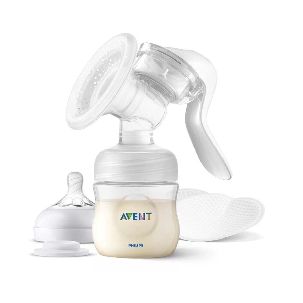 Handmilchpumpe mit Flasche, Sauger und Stilleinlagen. Marke: Philips Avent. Transparente und weiße Kunststoffteile. Milch im Behälter.