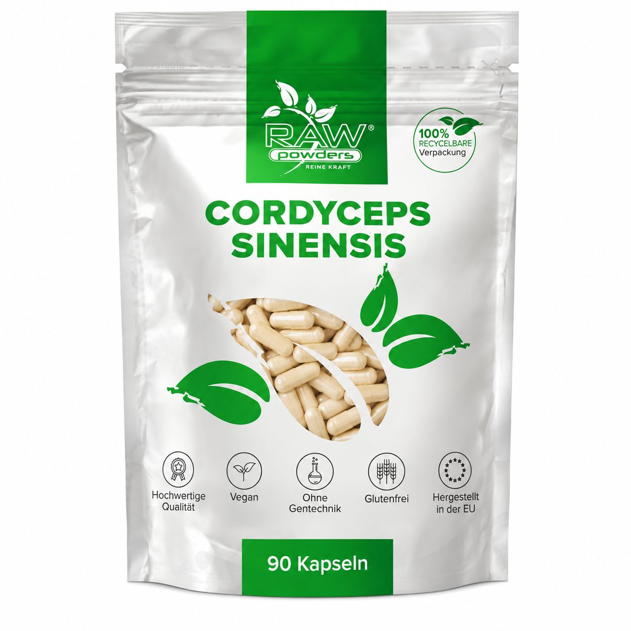 Verpackung mit 90 Kapseln Cordyceps Sinensis.