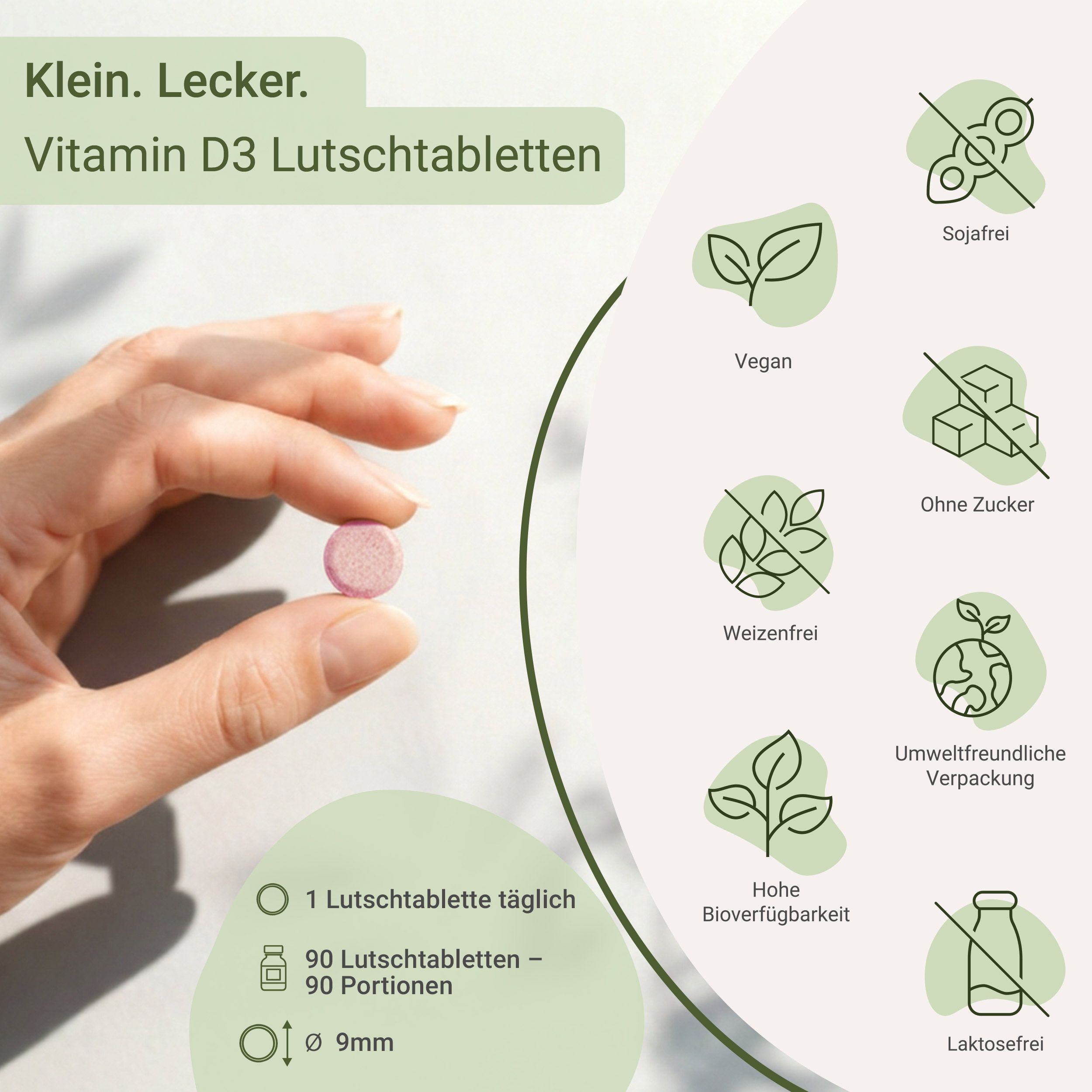 Hand hält eine einzelne Vitamin D Lutschtablette. Icons zeigen Merkmale wie vegan und zuckerfrei.