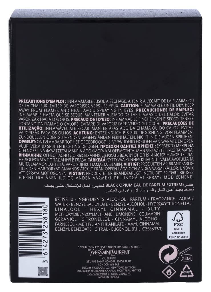 Rückseite der Verpackung von Yves Saint Laurent Black Opium Extreme EdP. Text in mehreren Sprachen, Inhaltsstoffe.