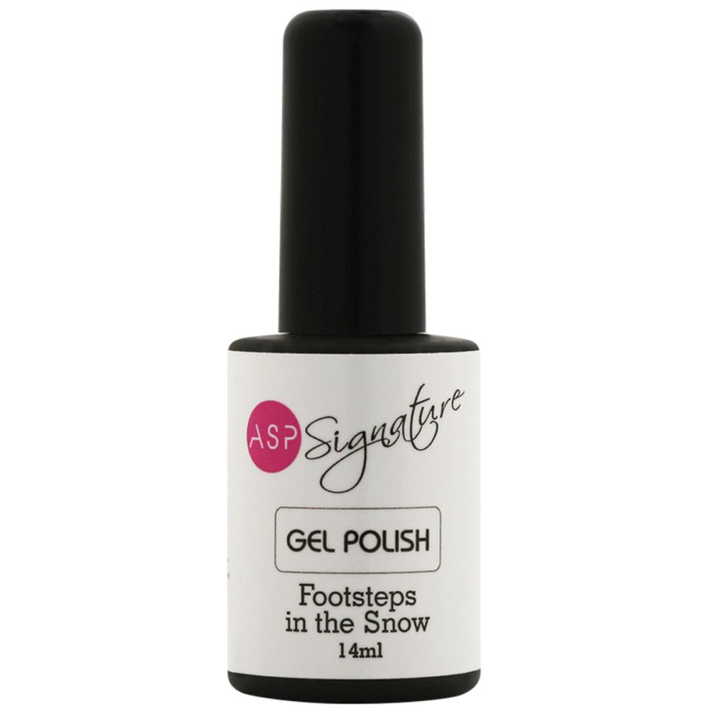 Nagellackflasche mit schwarzem Deckel. Aufschrift ASP Signature Gel Polish. Farbe: Footsteps in the Snow, 14ml.