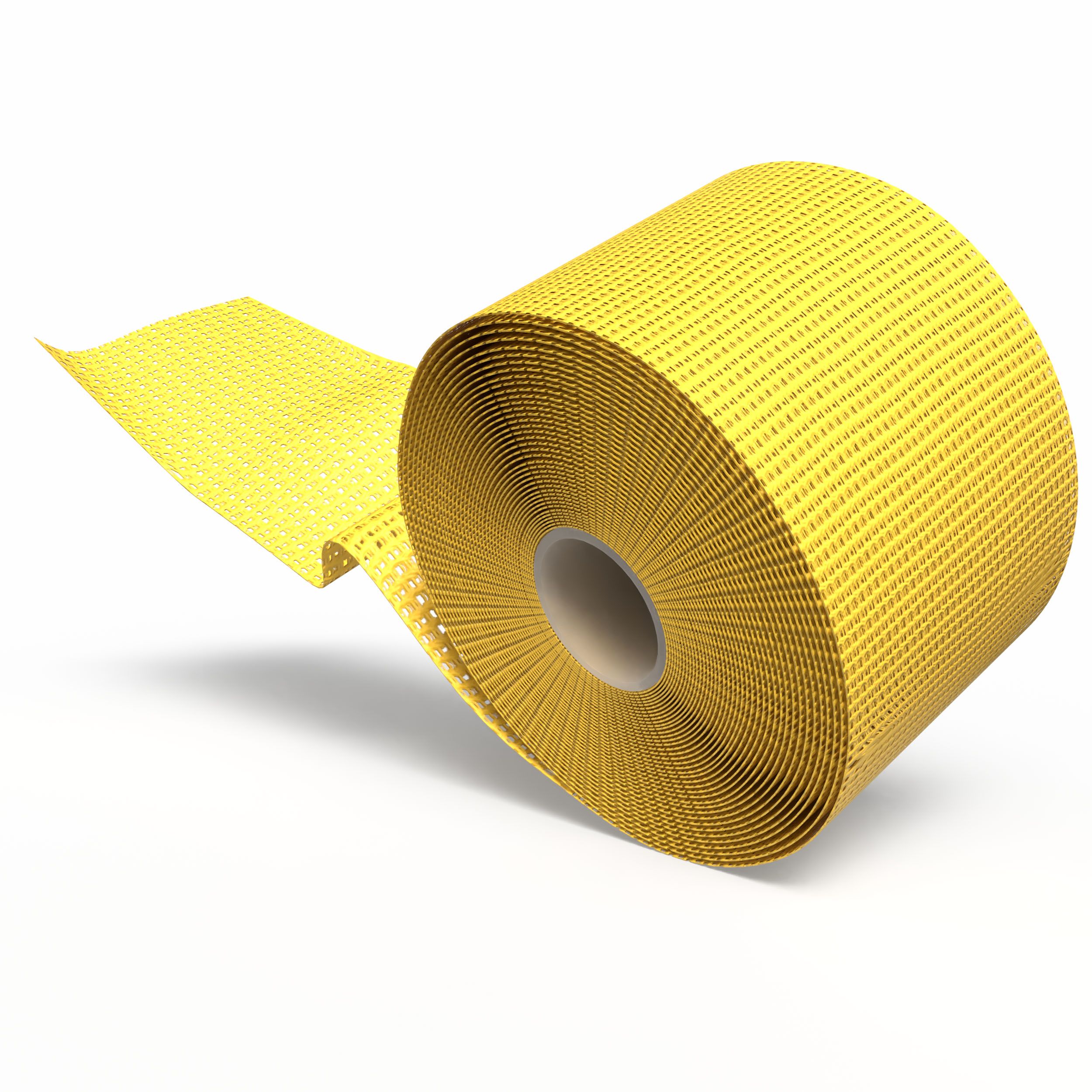 Gelbe, kohäsive Haftbandage, aufgerollt. Das Ende der Bandage ist abgerollt. Die Bandage hat eine perforierte Oberfläche.