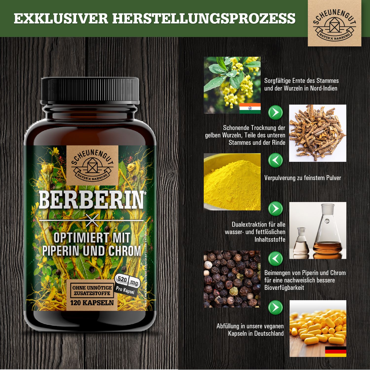 Scheunengut® Berberin | Berberis aristata Extrakt 20:1 optimiert mit Piperin & Chrom