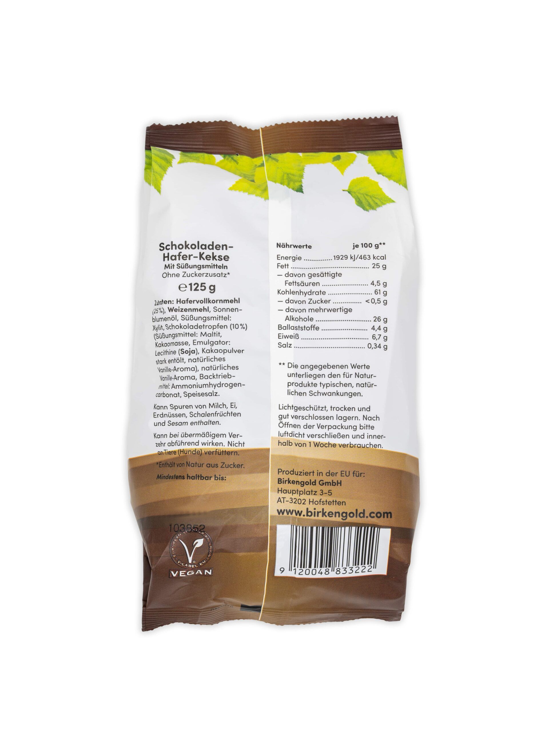 Packung Birkengold Schoko-Kekse, 125g. Aufdrucke: vegan, Nährwertangaben, Zutatenliste, Mindesthaltbarkeit.