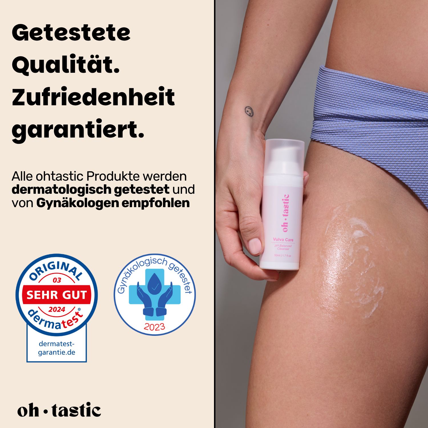 Bein mit Lotion und Flasche. Text: "Getestete Qualität. Zufriedenheit garantiert." Dermatest-Siegel. Gynäkologisch getestet.