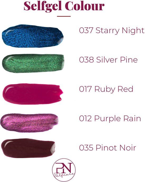 Farbpalette PN SelfGel Vernis Semi-Permanent. 5 Farbmuster mit Namen und Nummern: 037 Starry Night, 038 Silver Pine, 017 Ruby Red, 012 Purple Rain, 035 Pinot Noir.