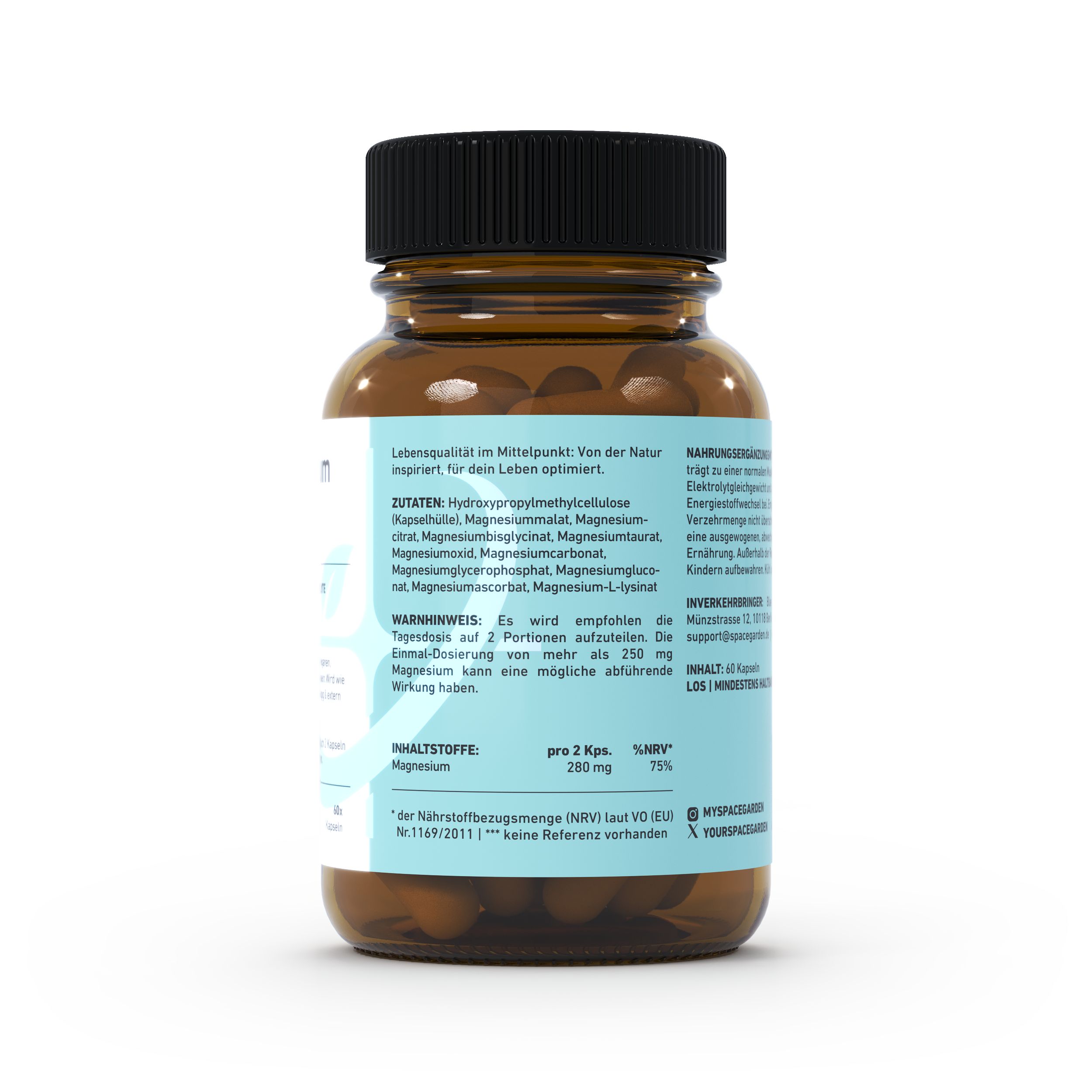 Braune Glasflasche mit Kapseln. Etikett mit Inhaltsstoffen und Warnhinweisen. Text: Magnesium, 280 mg.