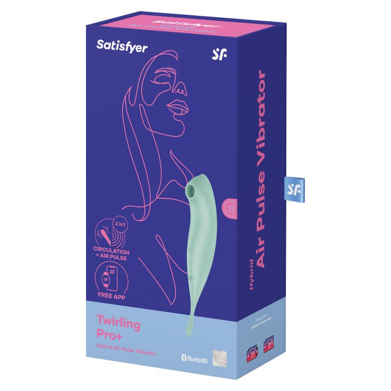 Verpackung von Satisfyer Twirling Pro+. Blau-rosa Design, Produktabbildung, Produktname.
