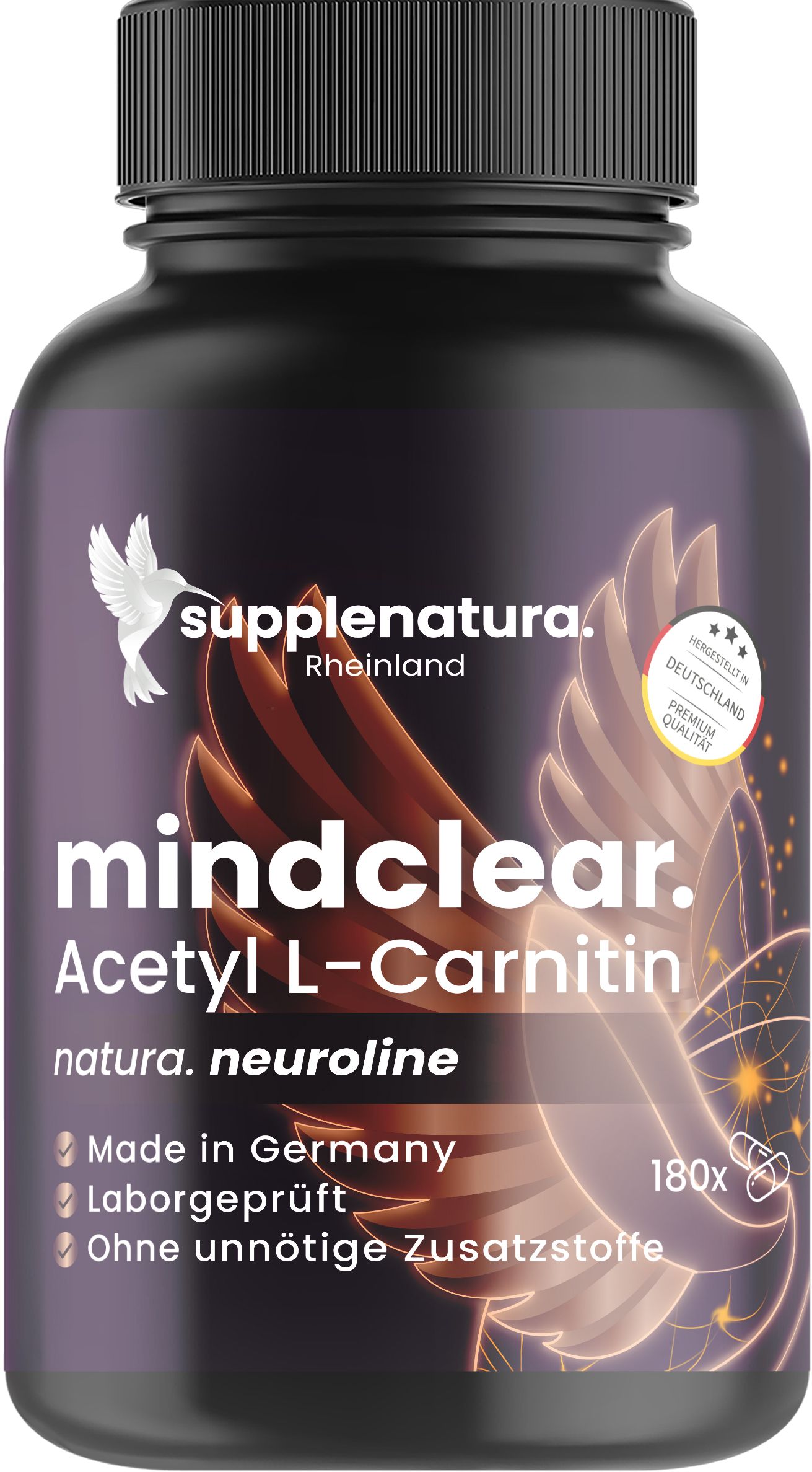 Dunkle Kapsel mit Etikett: Mindclear Acetyl L-Carnitin, 180x, Made in Germany.