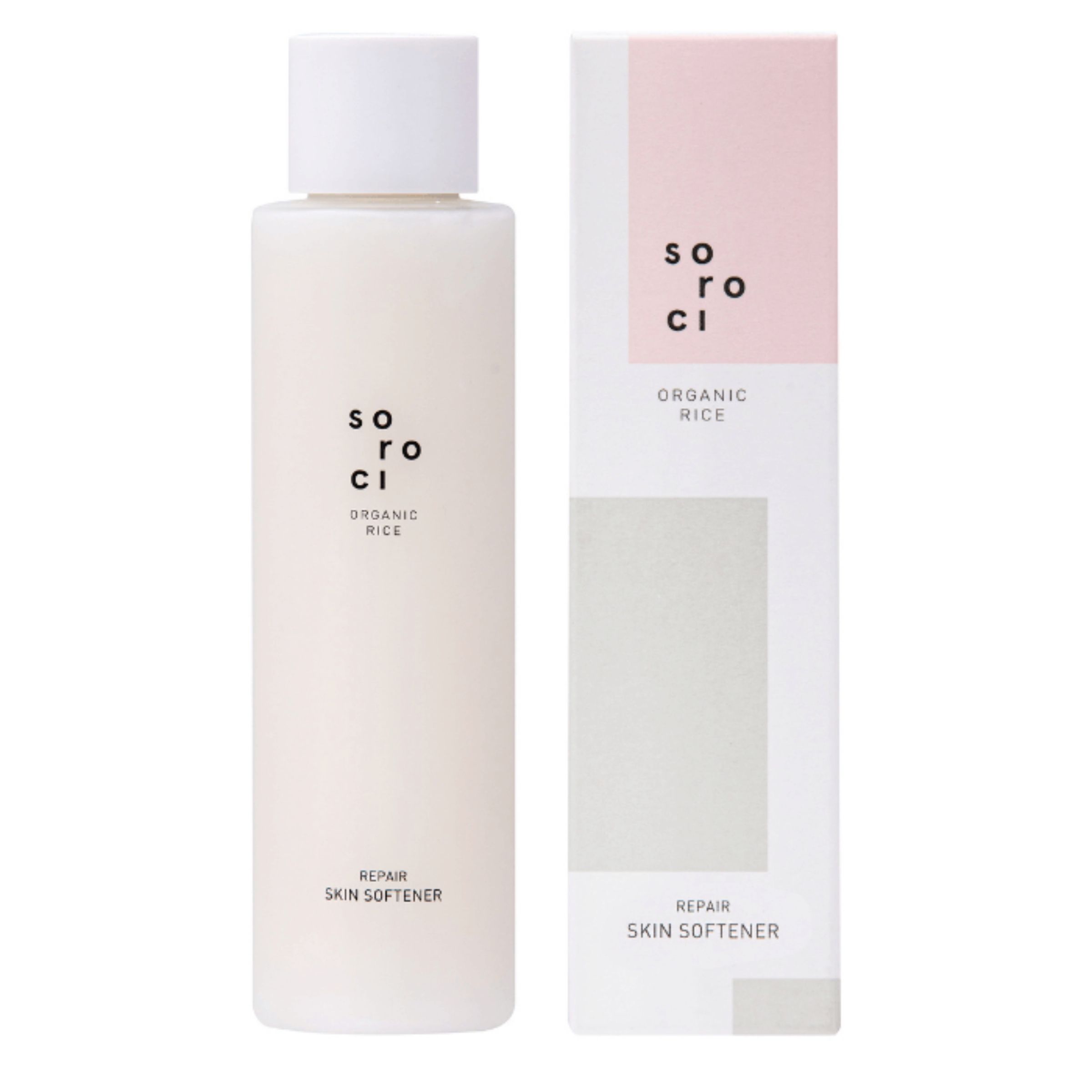 Eine Flasche und eine Schachtel. Auf der Flasche steht "Soroci", "Organic Rice", "Repair Skin Softener". Die Schachtel hat das gleiche Design.